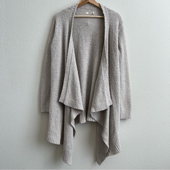UGG Tan Grey Driftwood Cozy Fluffy Phoebe Open Drape Wrap Cardigan Sweater - Picture 4 of 14